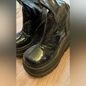 DEMONIA Patent Hologram Shook Up Platform Boots Festival Rave